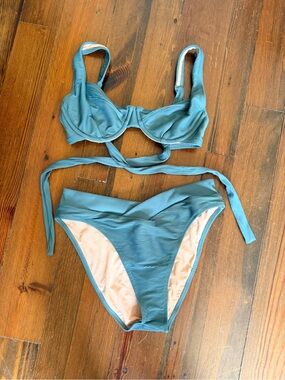 J. Crew Ribbed Green Blue Bikini High Waist Crossover Bottom & Tie Back Top 🌊